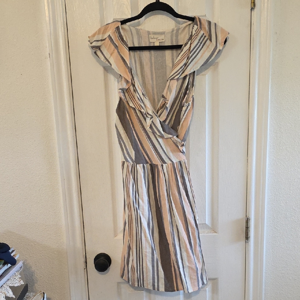 BeBop Beige and Gray Striped Mini Dress